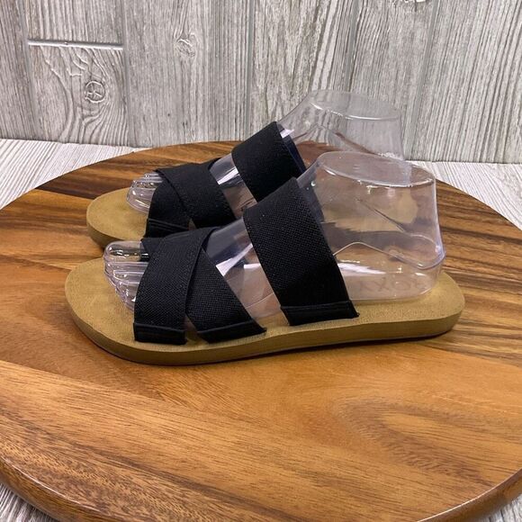 Roxy Women's 8.5 Open Toe Tan Black Cork Canvas Sandals Slides Beach - Picture 4 of 9